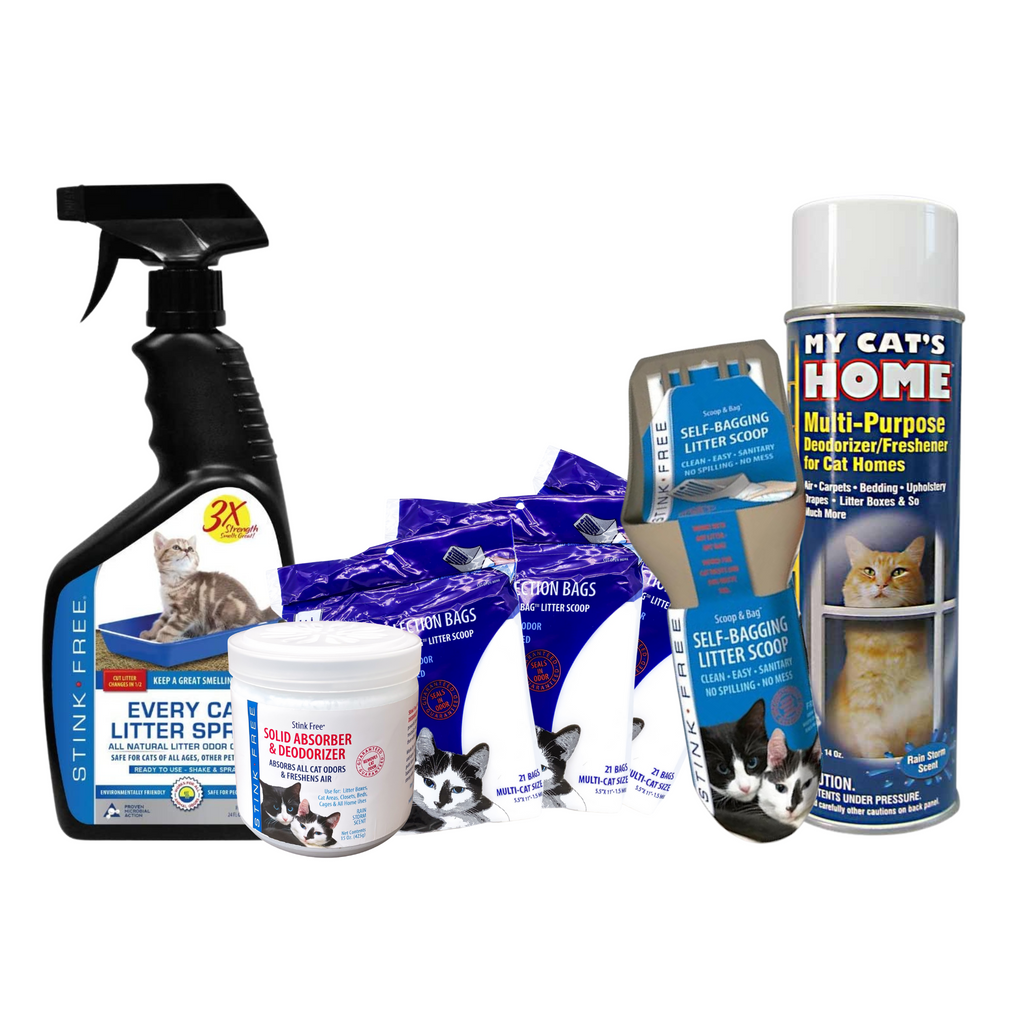 Every Cat Litter Spray, Rainstorm Solid Deodorizer, Self Bagging Litter Scoop w/ 3 pack of Odor Seal Waste Collection Bags & My Cat's Home