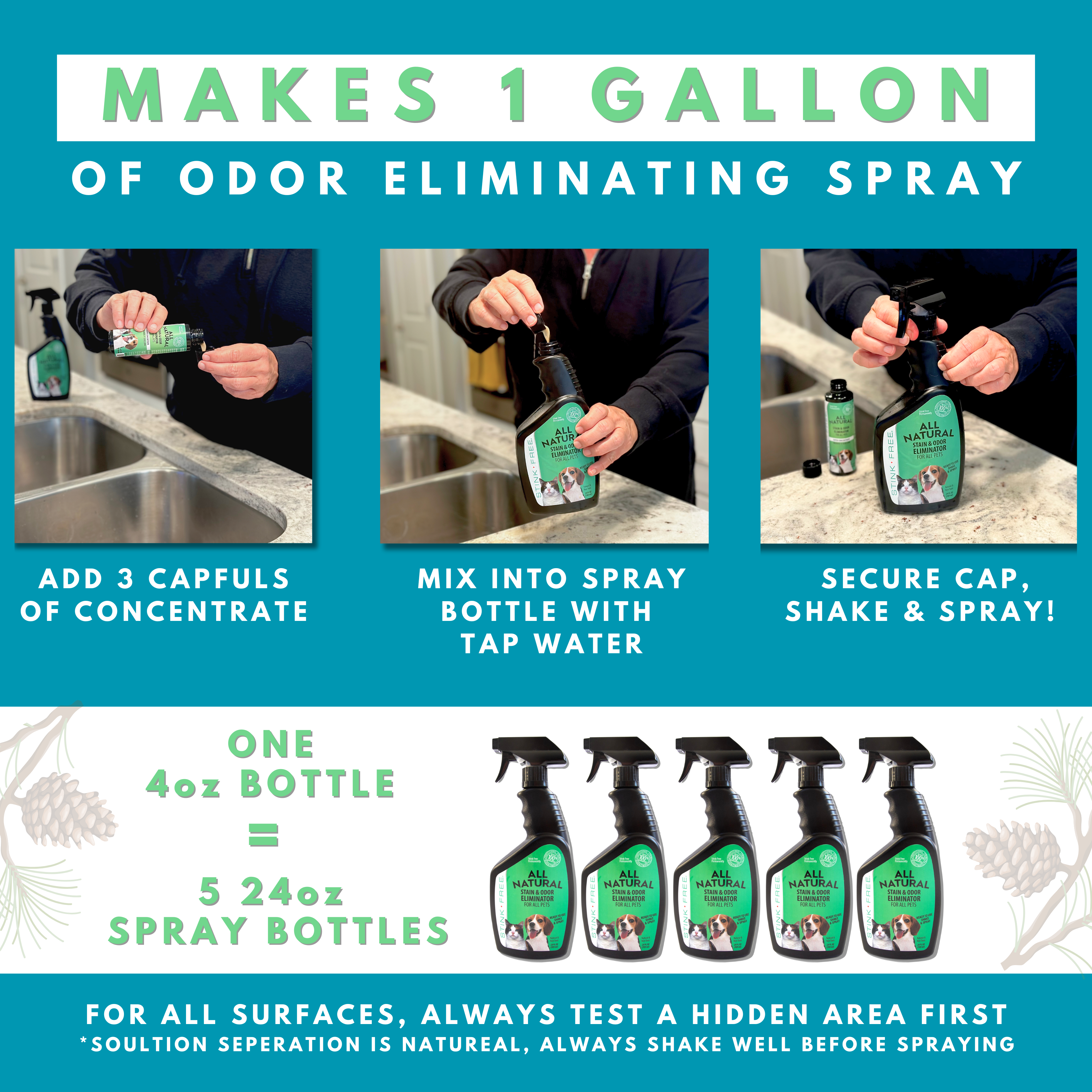 All Natural Stain & Urine Odor Eliminator for Pets w/ FREE UV Light, Makes 1 Gallon of Solution (Empty 24 oz. Sprayer Included)