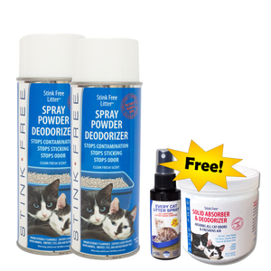 2 Pack of Non Stick Litter Spray with FREE 2 oz Every Cat & Rainstorm Solid Deodorizer